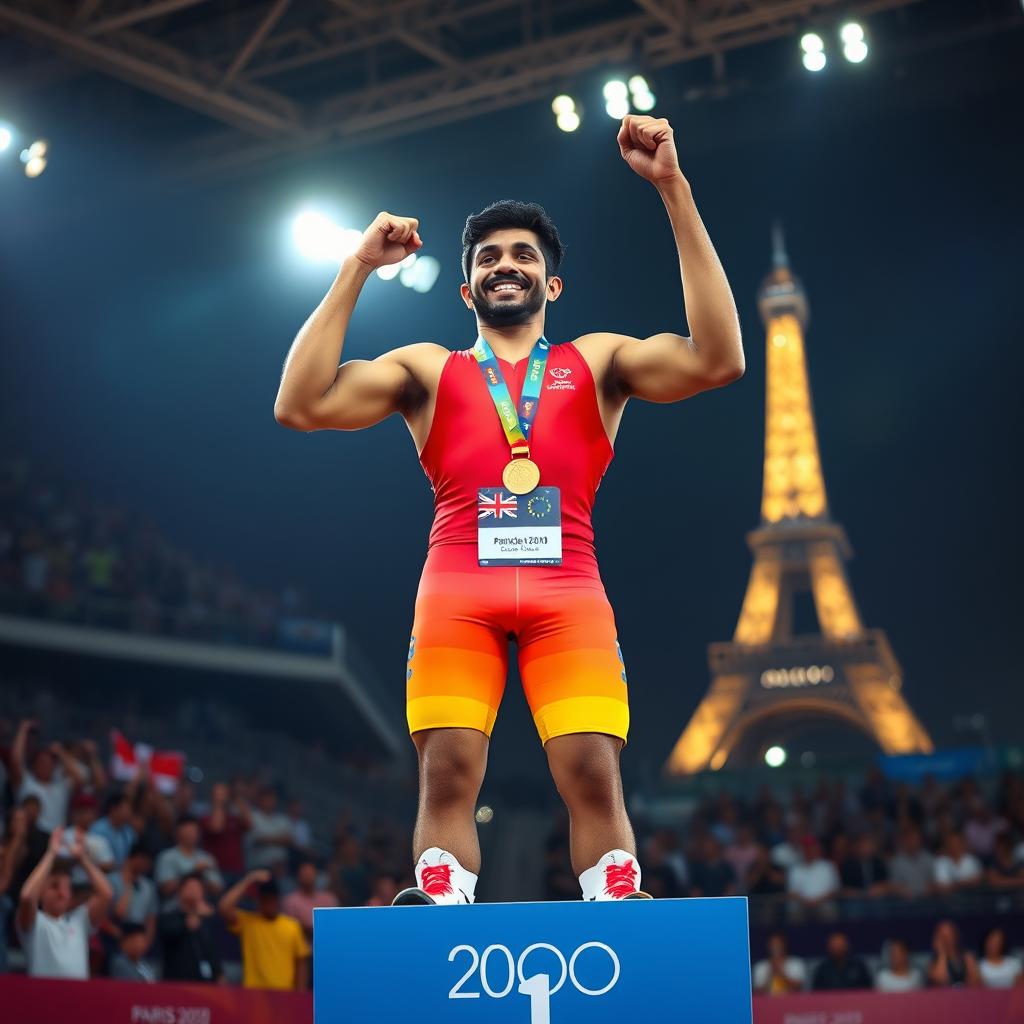 A victorious wrestler standing on the gold medal podium at the Paris Olympics, exuding confidence and happiness