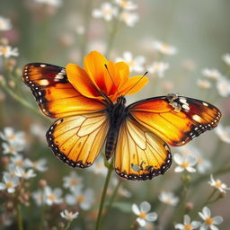 A butterfly with two wings, one wing beautifully designed to resemble a stunning flower with vibrant colors and intricate details, while the other wing appears damaged, showcasing an intriguing contrast between beauty and imperfection