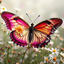 A butterfly with two wings, one wing beautifully designed to resemble a stunning flower with vibrant colors and intricate details, while the other wing appears damaged, showcasing an intriguing contrast between beauty and imperfection