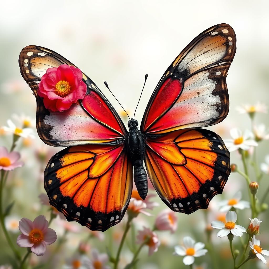 A butterfly with two wings, one wing beautifully designed to resemble a stunning flower with vibrant colors and intricate details, while the other wing appears damaged, showcasing an intriguing contrast between beauty and imperfection