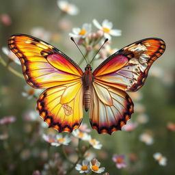 A butterfly with two wings, one wing beautifully designed to resemble a stunning flower with vibrant colors and intricate details, while the other wing appears damaged, showcasing an intriguing contrast between beauty and imperfection