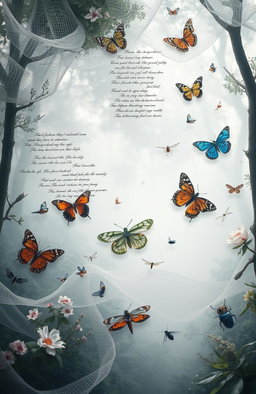 A surreal and artistic representation titled 'Between the Nets of Silence, Verse, and Entomology'