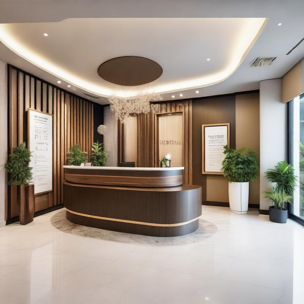 A well-designed 100sqm travel agency reception area, featuring a stylish reception desk, inviting seating space, and adorned with travel-inspired decorations.