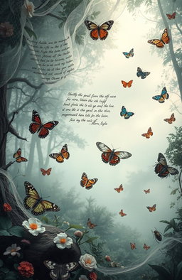 A surreal and artistic representation titled 'Between the Nets of Silence, Verse, and Entomology'