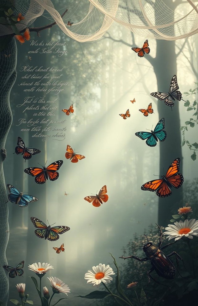 A surreal and artistic representation titled 'Between the Nets of Silence, Verse, and Entomology'