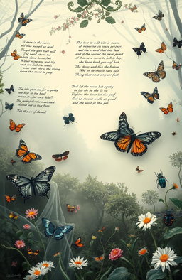 A surreal and artistic representation titled 'Between the Nets of Silence, Verse, and Entomology'