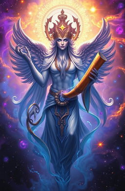 A powerful, ethereal figure representing a deity known as the Questioner, surrounded by a swirling cosmos of stars and galaxies