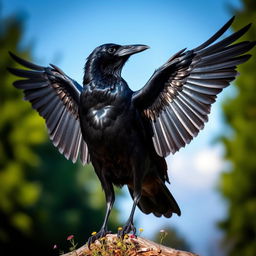 A majestic black crow standing with its wings fully open, showcasing the rich, glossy feathers in a dramatic pose