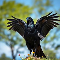 A majestic black crow standing with its wings fully open, showcasing the rich, glossy feathers in a dramatic pose