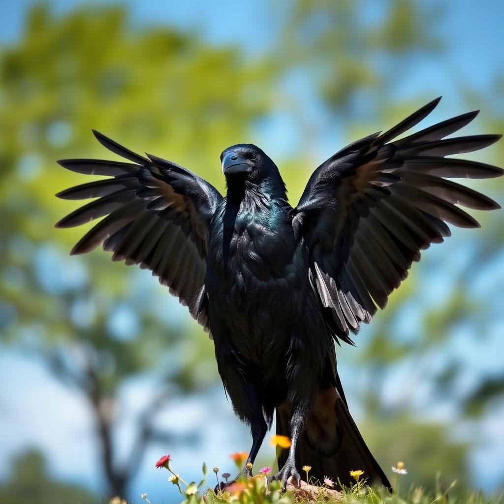 A majestic black crow standing with its wings fully open, showcasing the rich, glossy feathers in a dramatic pose