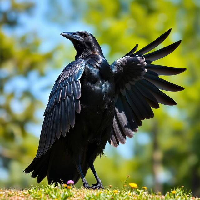 A majestic black crow standing with its wings fully open, showcasing the rich, glossy feathers in a dramatic pose