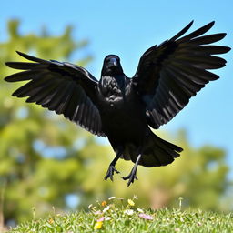 A majestic black crow standing with its wings fully open, showcasing the rich, glossy feathers in a dramatic pose