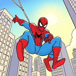 A coloring page of Spider-Man in a dynamic pose, swinging through the city