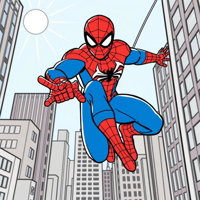 A coloring page of Spider-Man in a dynamic pose, swinging through the city