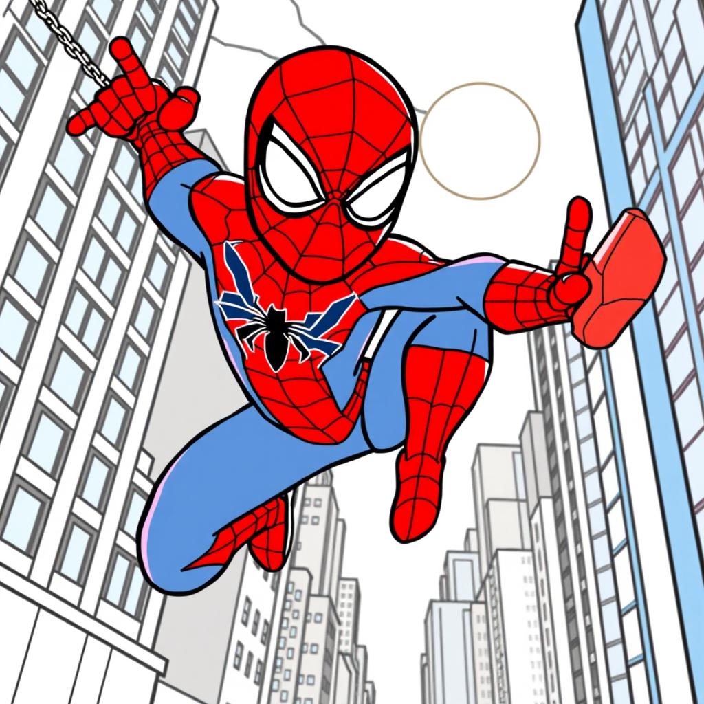 A coloring page of Spider-Man in a dynamic pose, swinging through the city