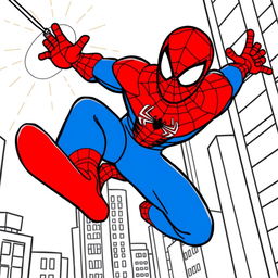 A coloring page of Spider-Man in a dynamic pose, swinging through the city