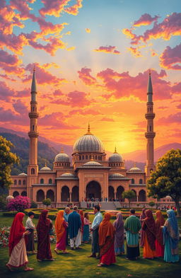 A vibrant depiction of a traditional Islamic scene featuring an intricately designed mosque with domes and minarets, surrounded by lush gardens and a peaceful landscape