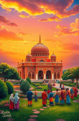 A vibrant depiction of a traditional Islamic scene featuring an intricately designed mosque with domes and minarets, surrounded by lush gardens and a peaceful landscape