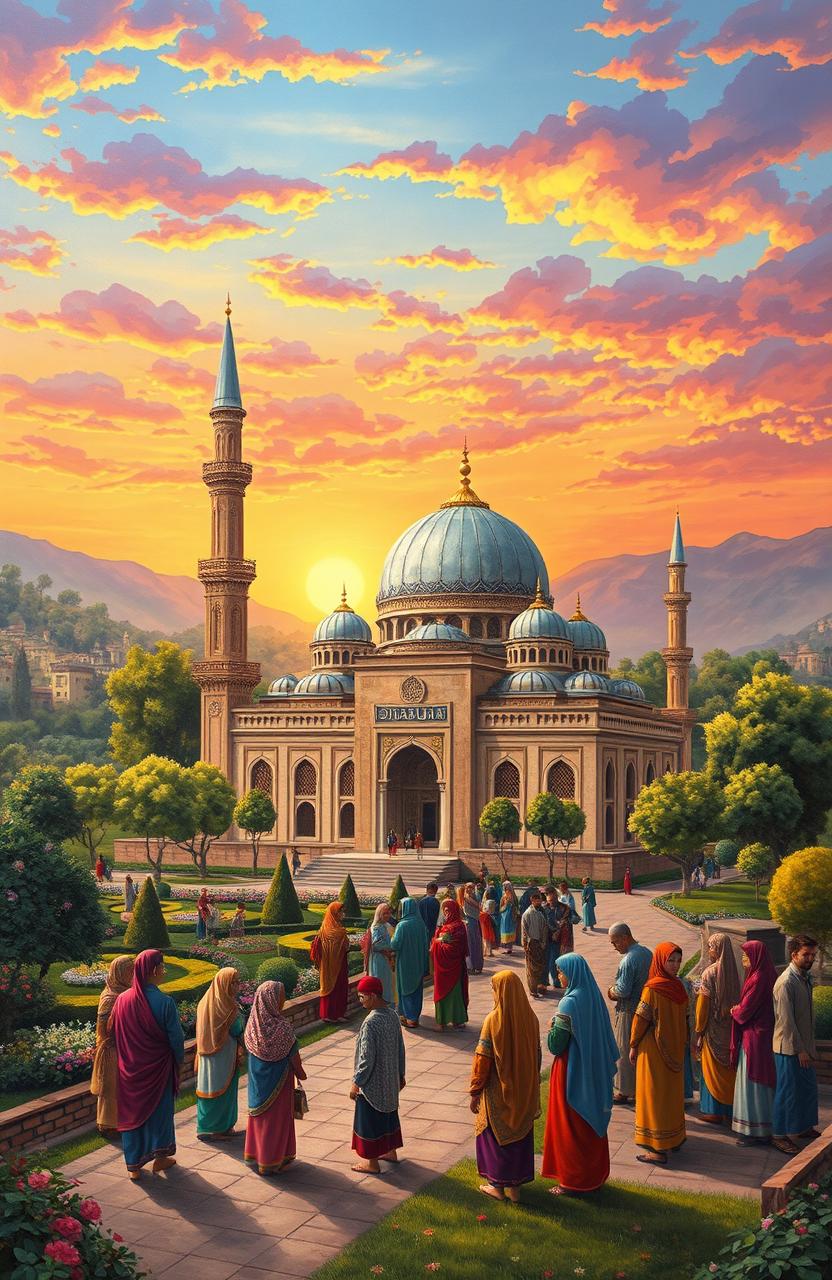 A vibrant depiction of a traditional Islamic scene featuring an intricately designed mosque with domes and minarets, surrounded by lush gardens and a peaceful landscape