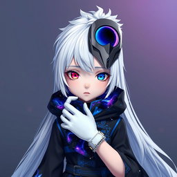A wide photorealistic image featuring an animated girl with long white hair, weighing 32 kg