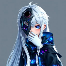 A wide photorealistic image featuring an animated girl with long white hair, weighing 32 kg