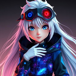 A wide photorealistic image featuring an animated girl with long white hair, weighing 32 kg