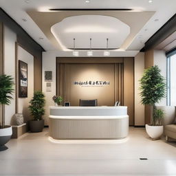 A well-designed 100sqm travel agency reception area, featuring a stylish reception desk, inviting seating space, and adorned with travel-inspired decorations.