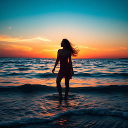 A beautiful woman standing by the sea, with the sun setting in the background, her silhouette gracefully contrasting against the vibrant colors of the sky