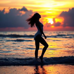 A beautiful woman standing by the sea, with the sun setting in the background, her silhouette gracefully contrasting against the vibrant colors of the sky