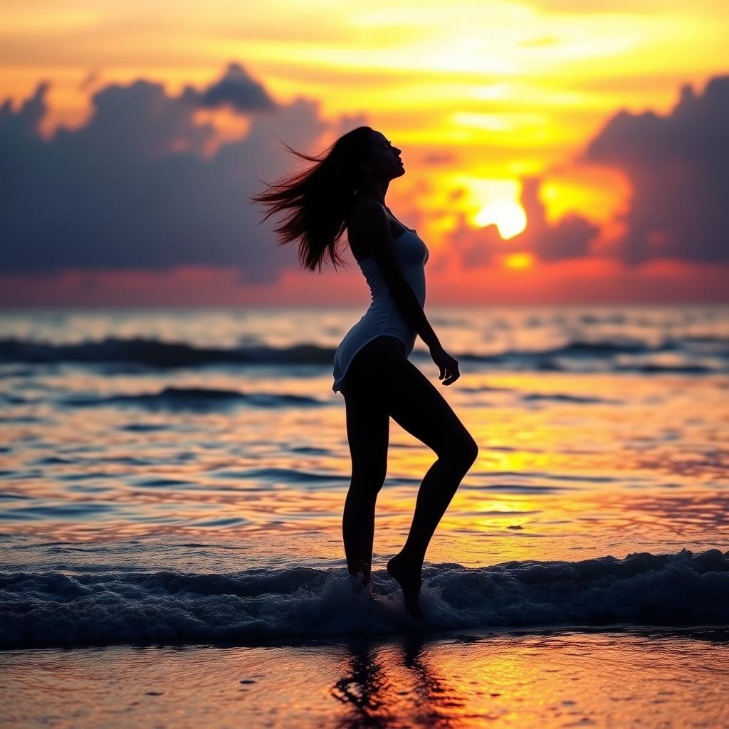 A beautiful woman standing by the sea, with the sun setting in the background, her silhouette gracefully contrasting against the vibrant colors of the sky