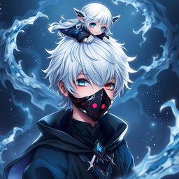 A photorealistic image of a 32k animated boy with striking white hair, adorned in a uniquely styled outfit combining elements of dark shadow and dark soul aesthetics, featuring black and blue clothing