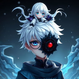 A photorealistic image of a 32k animated boy with striking white hair, adorned in a uniquely styled outfit combining elements of dark shadow and dark soul aesthetics, featuring black and blue clothing