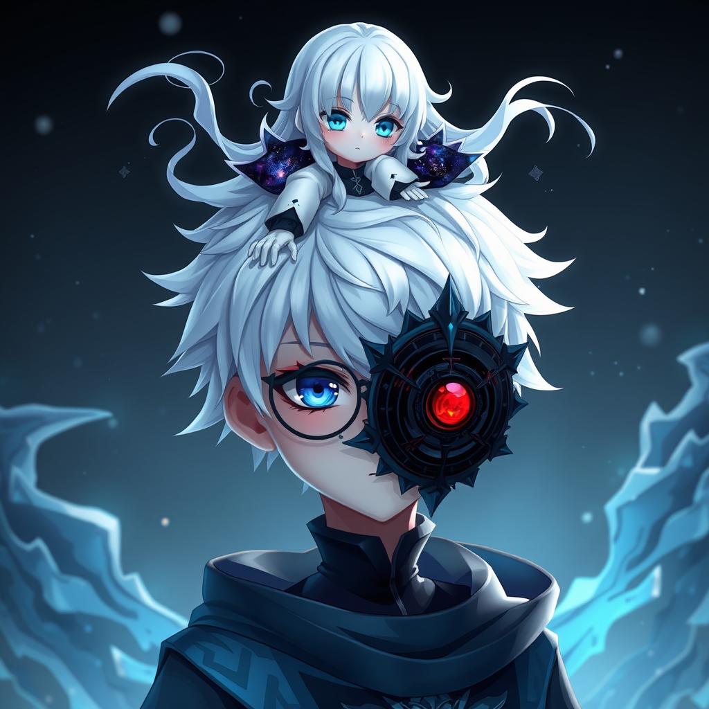 A photorealistic image of a 32k animated boy with striking white hair, adorned in a uniquely styled outfit combining elements of dark shadow and dark soul aesthetics, featuring black and blue clothing