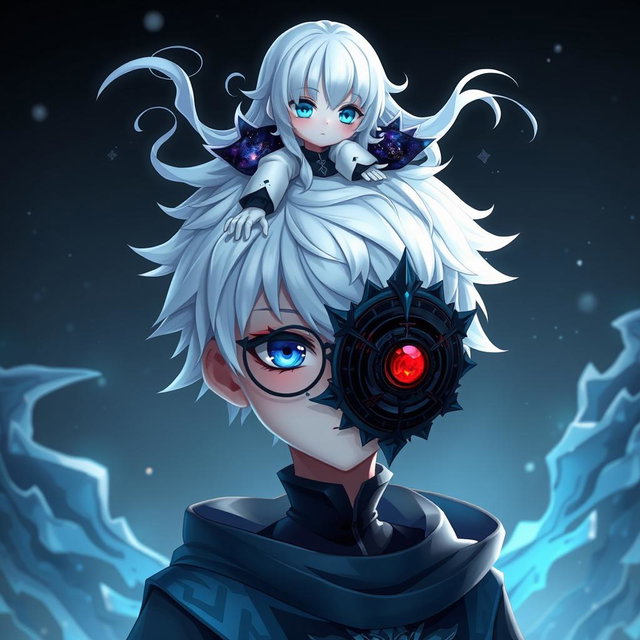 A photorealistic image of a 32k animated boy with striking white hair, adorned in a uniquely styled outfit combining elements of dark shadow and dark soul aesthetics, featuring black and blue clothing