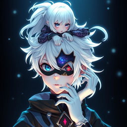 A photorealistic image of a 32k animated boy with striking white hair, adorned in a uniquely styled outfit combining elements of dark shadow and dark soul aesthetics, featuring black and blue clothing