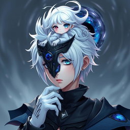 A photorealistic image of a 32k animated boy with striking white hair, adorned in a uniquely styled outfit combining elements of dark shadow and dark soul aesthetics, featuring black and blue clothing