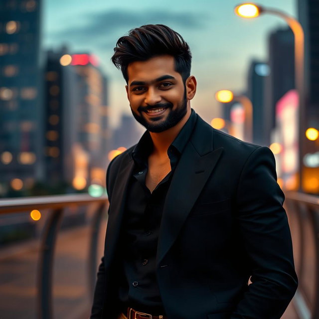 A striking portrait of a stylish Indian man, showcasing his confident demeanor and charismatic presence