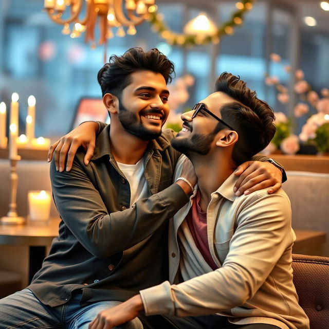 An intimate moment between two stylish Indian men expressing their love in a cozy setting