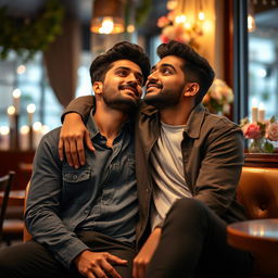 An intimate moment between two stylish Indian men expressing their love in a cozy setting