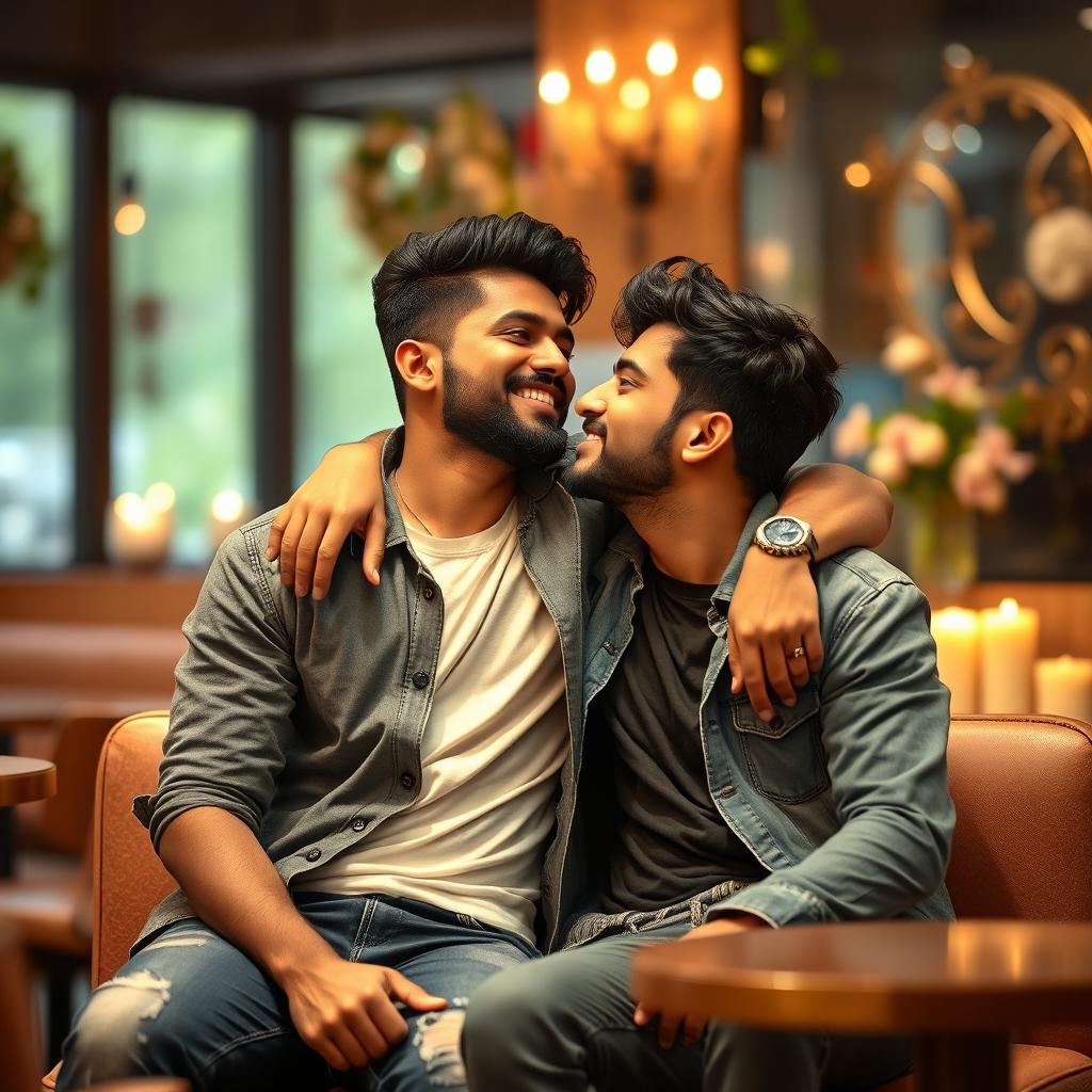 An intimate moment between two stylish Indian men expressing their love in a cozy setting