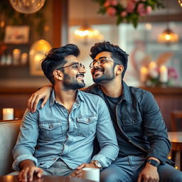 An intimate moment between two stylish Indian men expressing their love in a cozy setting