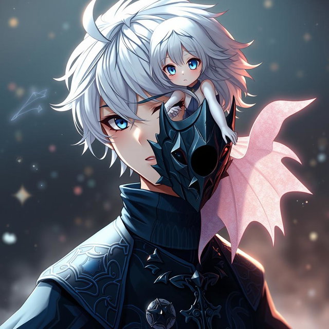 A wide photorealistic shot of a 32k animated boy with white hair styled elegantly