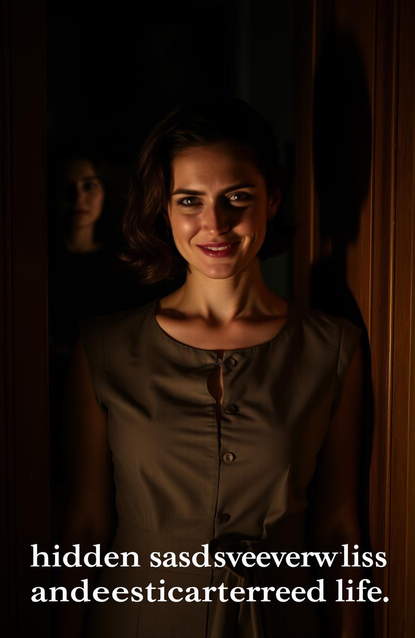 A mysterious married woman standing in a dimly lit room, with an enigmatic smile, surrounded by shadows that hint at secrets in her life
