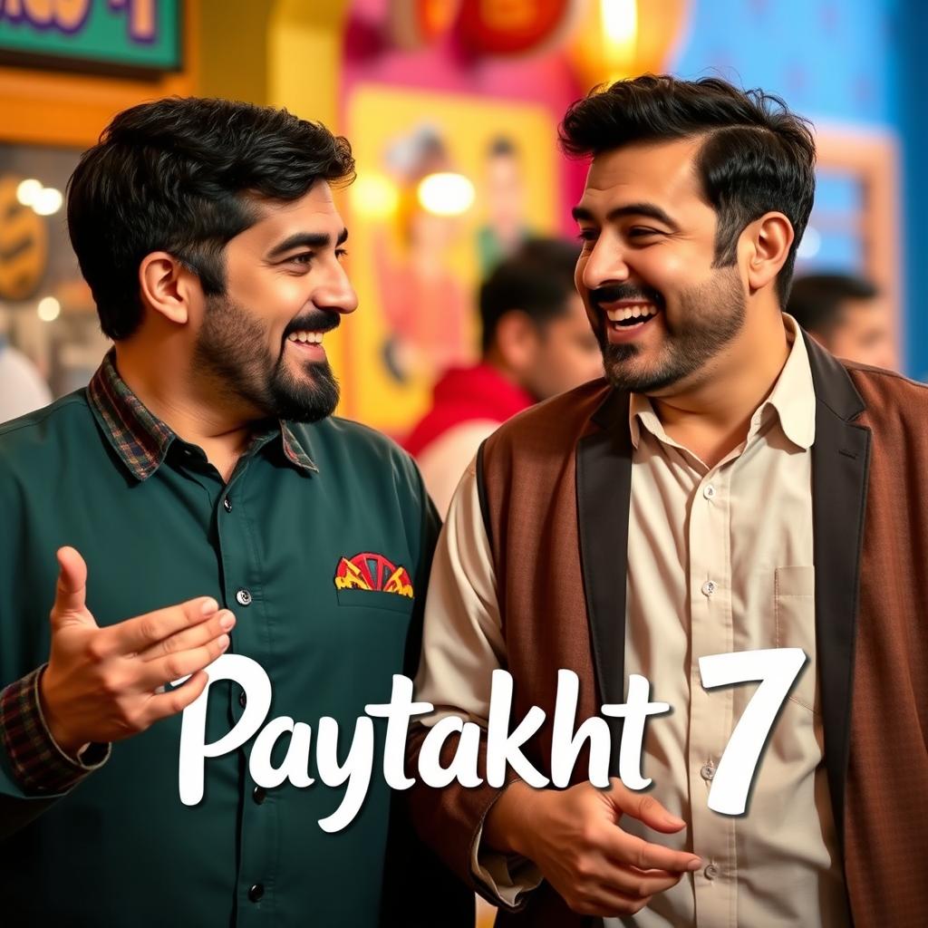 A vibrant scene from the Iranian TV series 'Paytakht 7', featuring the characters played by Mohsen Tanabandeh and Ahmad Mehranfar