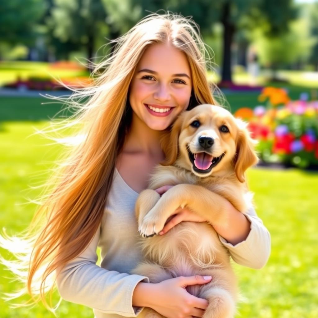 A beautiful girl holding a dog in her arms, smiling joyfully