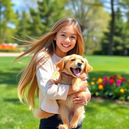 A beautiful girl holding a dog in her arms, smiling joyfully
