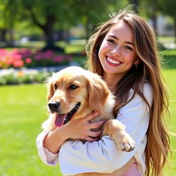 A beautiful girl holding a dog in her arms, smiling joyfully