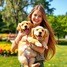 A beautiful girl holding a dog in her arms, smiling joyfully