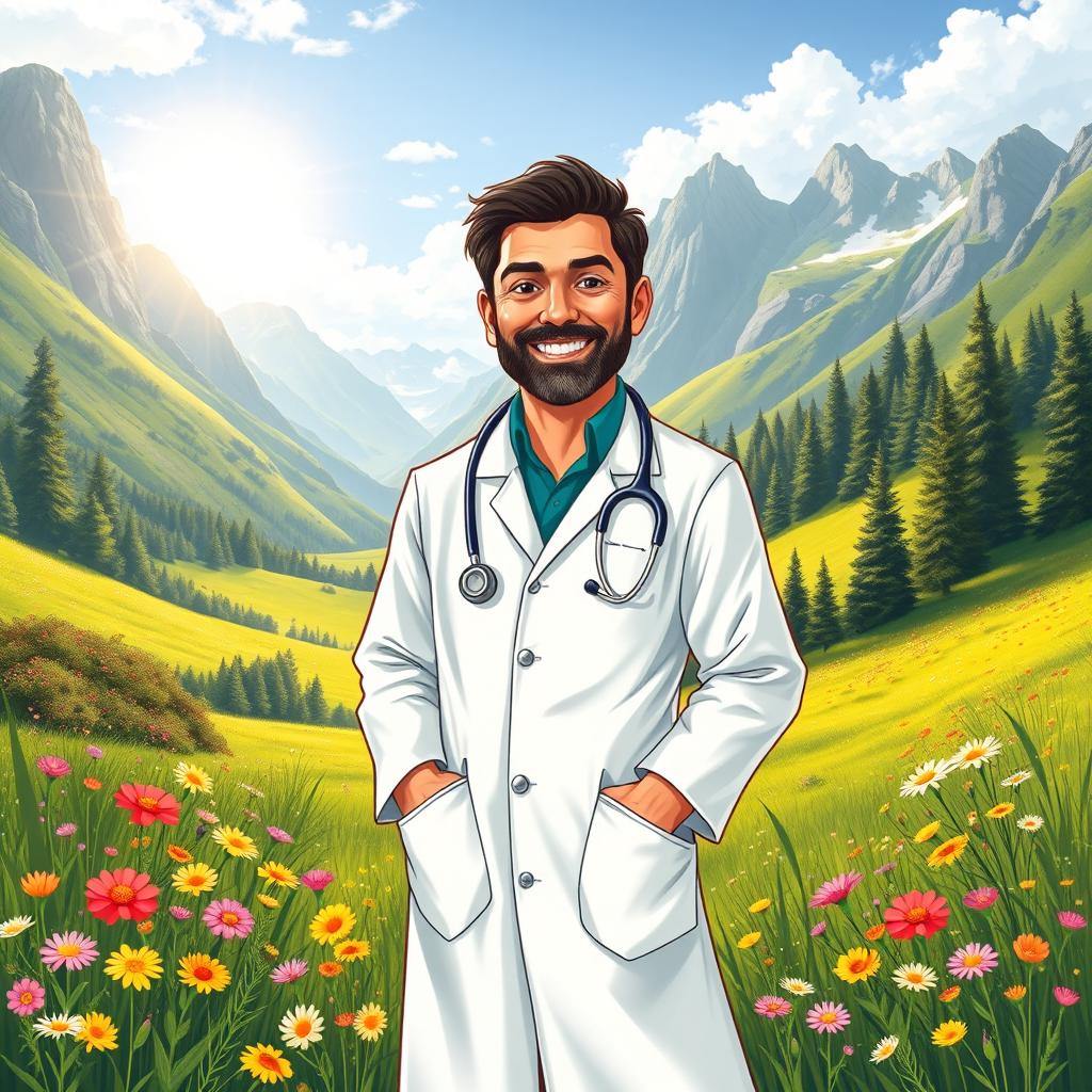 A detailed illustration of a medical professional, wearing a lab coat and stethoscope, standing confidently in a lush green valley