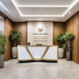 A well-designed 100sqm travel agency reception area, featuring a stylish reception desk, inviting seating space, and adorned with travel-inspired decorations.